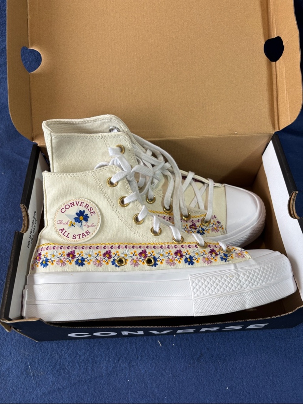 Converse Cream High Top Sneakers with Multicolor Floral Embroidery
